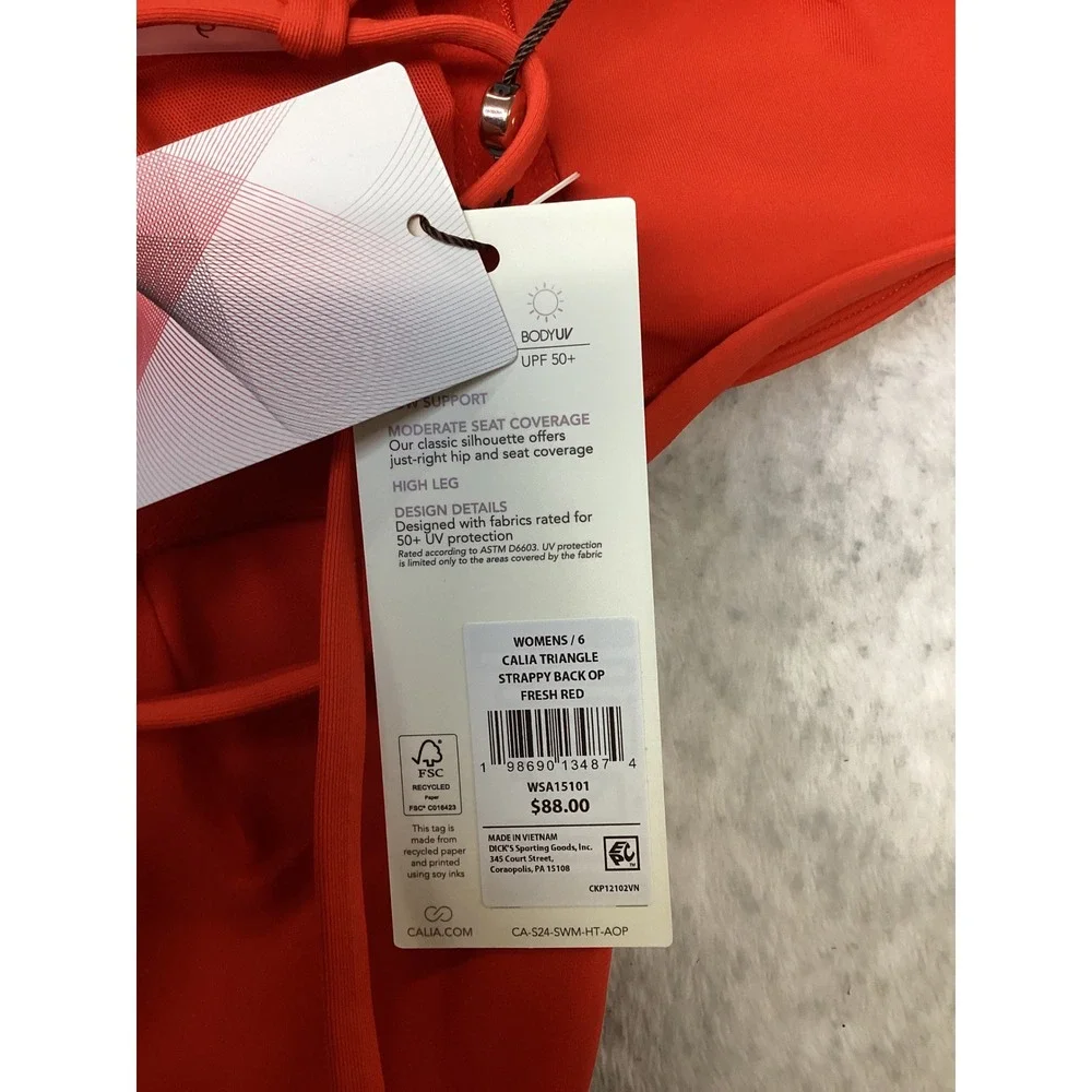 CALIA Triangle Strappy Back One Piece Swimsuit Fresh Red UPF 50+ Size 6 WSA15101